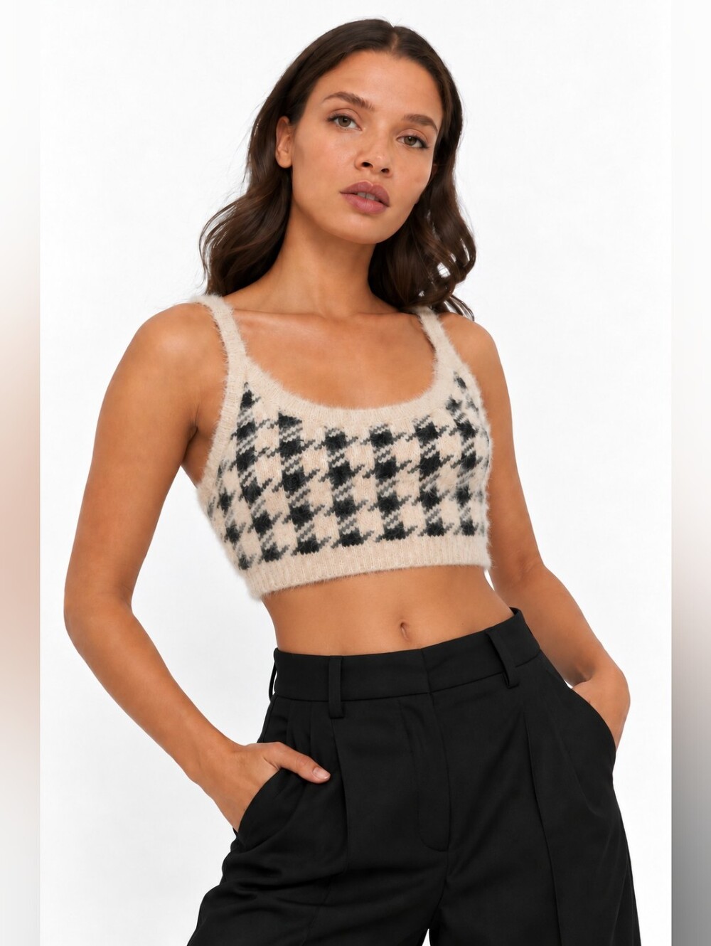 NA-KD Fuzzy Houndstooth Cropped Knit Tank Top Y2K Preppy Small academia BTS